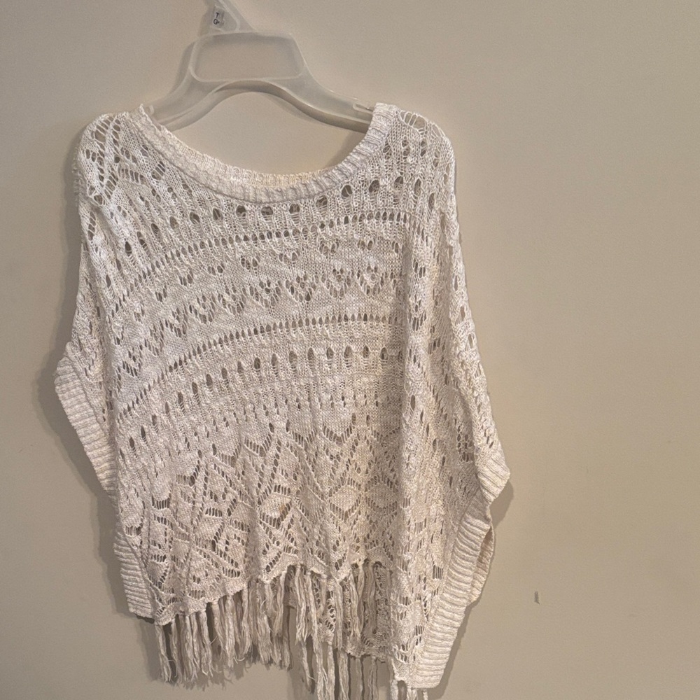 Justice White Crochet Fringe Poncho Sweater